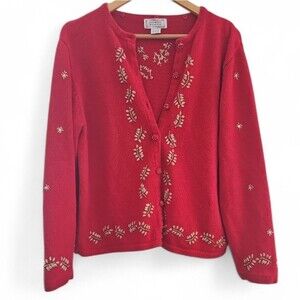 Jennifer Moore Beaded Button Front Cardigan Sz L Red Holiday Sweater Vintage Y2K